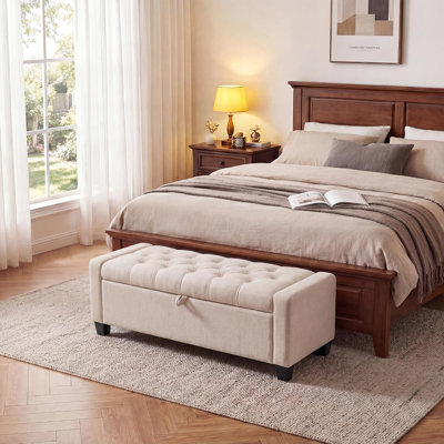 50" Upholstered Storage Ottoman Bench, Tufted Slow-Close Hinge, Large Capacity Bed End Bench, Beige