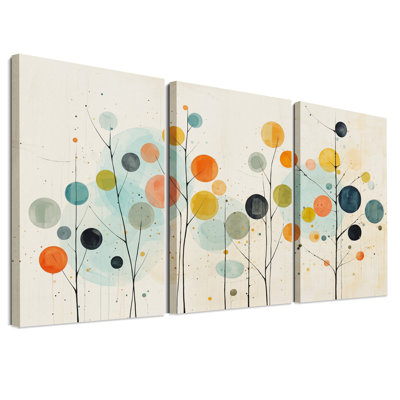 Abstract Teal and Orange Trees on Cream Background Set Of 3 Canvas Wall Art