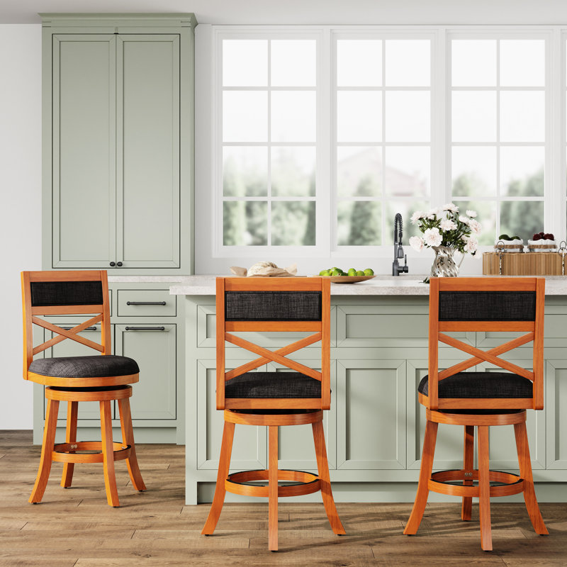 Tabouret de 24 po de hauteur comptoir, finition naturelle, siège en tissu gris anthracite, tabouret pivotant durable en bois franc avec siège