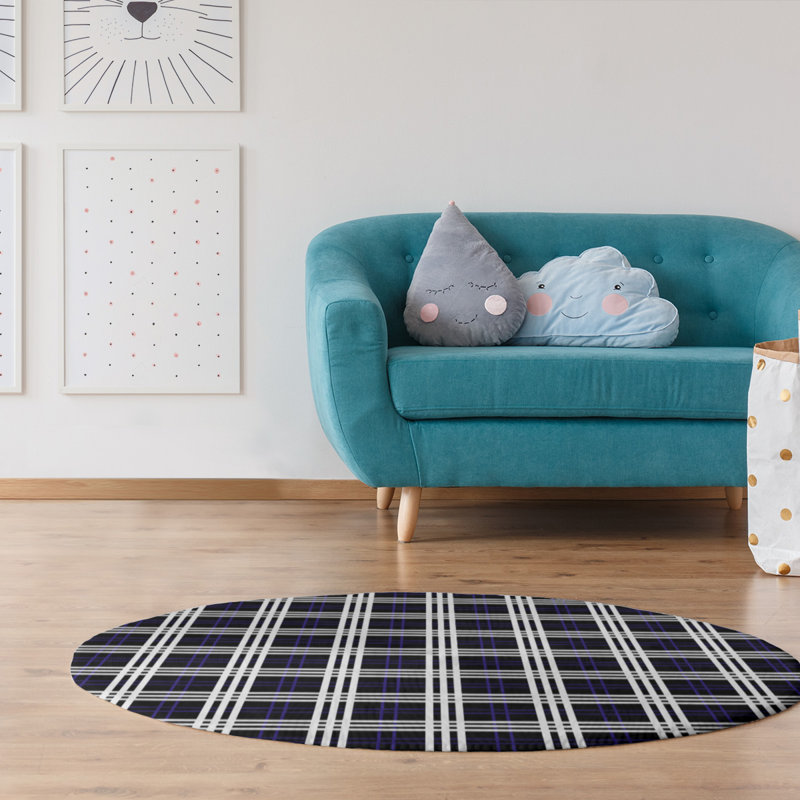 Tapis noir à carreaux, Rond 5 pi