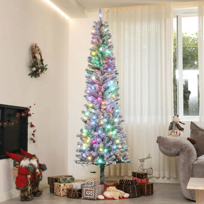 Arbre de Noël au crayon pré-éclairé, arbre de Noël artificiel avec lumières à DEL bicolores et bouts de branches, arbre de Noël floqué avec support en métal pour les fêtes, vert