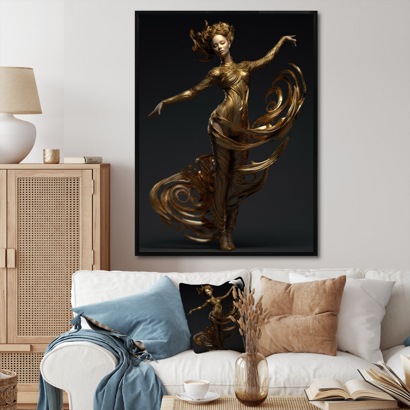 «Dynamic Pose Abstract Golden Dancer I», reproduction sur toile, H 32 po x l 24 po, Cadre flottant noir