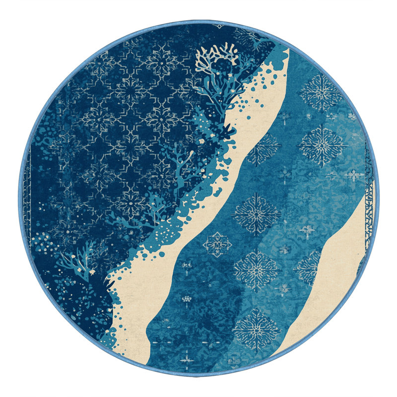 Machine Washable Outhe Global Inspired Moroccan Rug in Blue – BabyBlue Binding, 3' Round