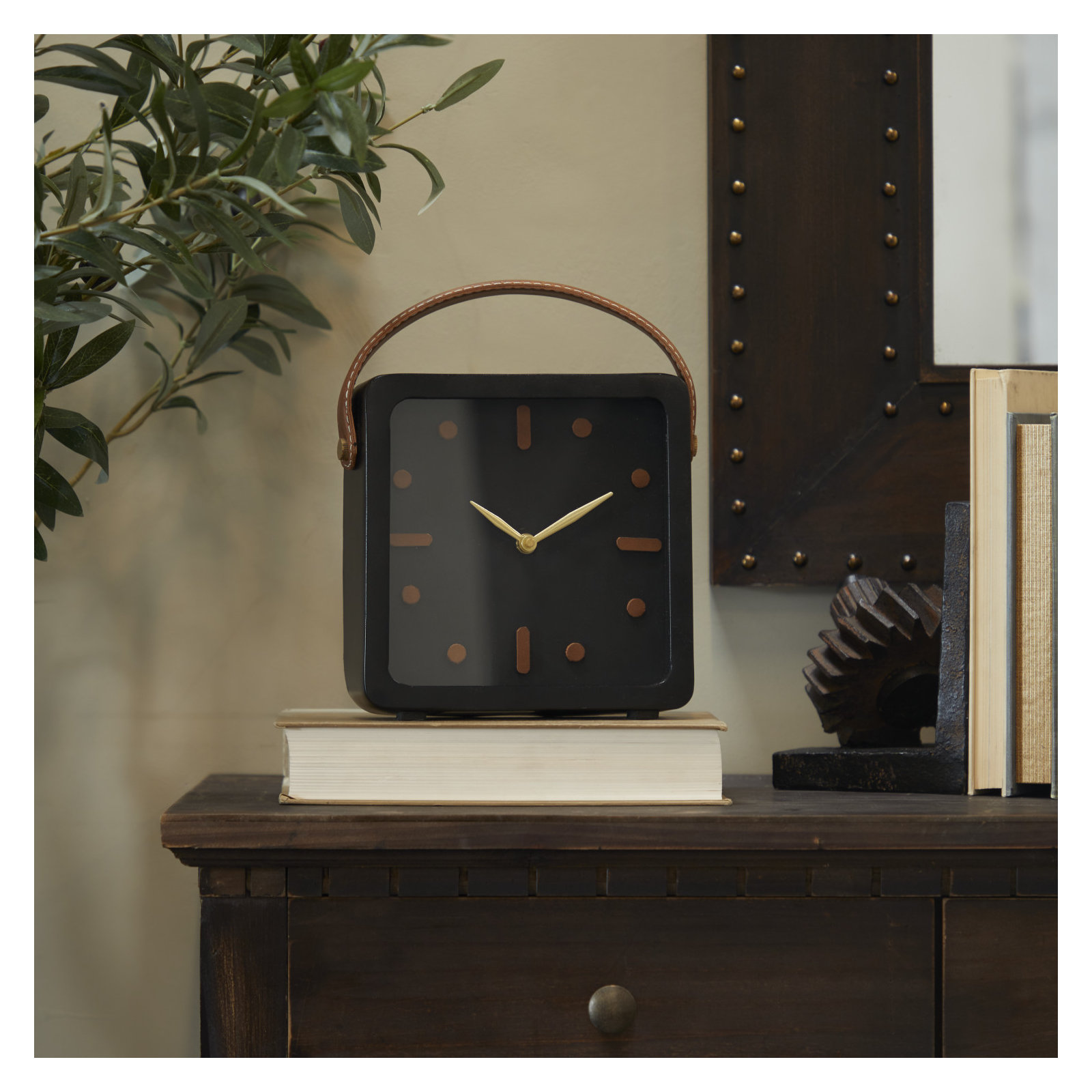 Analog Metal Quartz Tabletop Clock in Black, 9.45" H x 7.8" W x 2.8" D