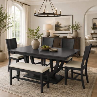 Ensemble de 6 tables de salle à manger en bois 6 pièces avec banc long et 4 chaises, style moderne, gris