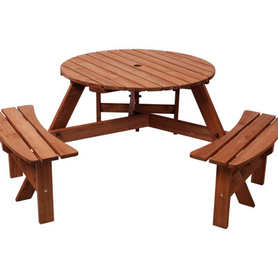 Table de pique-nique ronde en bois pour 6, 3 bancs, trou pour parasol, plateau de table de 35 pouces, bords arrondis lisses et table de camping pour personne stable, avec fissure sécuritaire, brun