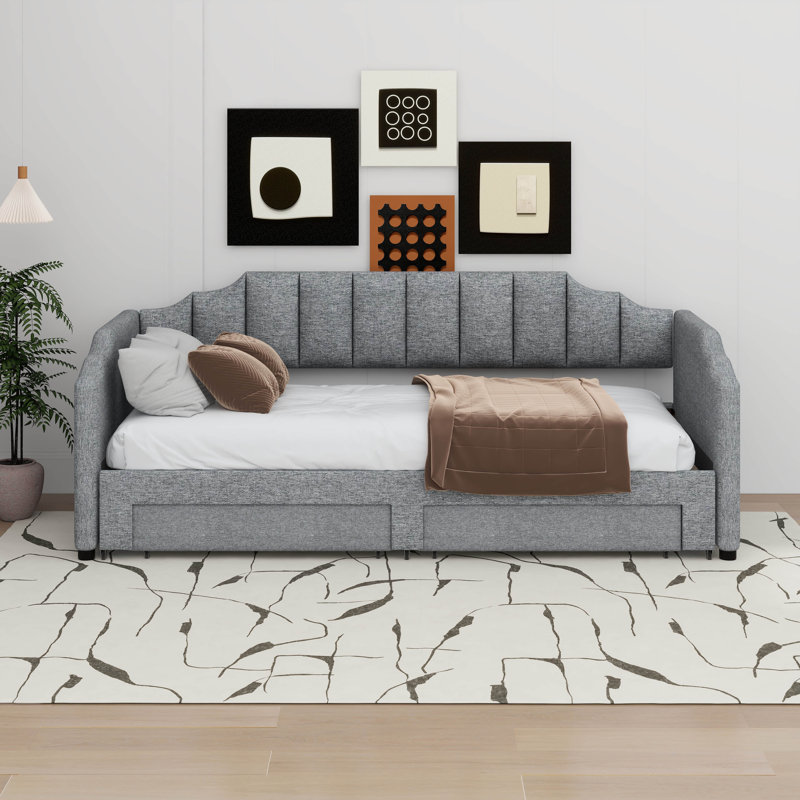 Daybed With Storage Drawers & Pop Up Trundle, Upholstered Extendable Daybed With LED Lights, Gray