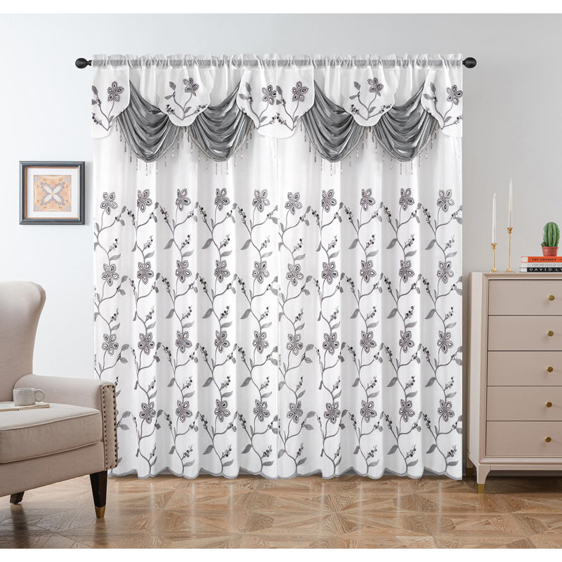 Ensemble de 2 panneaux de rideaux transparents brodés - cantonnière de luxe avec support en satin et 2 attaches, gris, 54 x 84 pouces