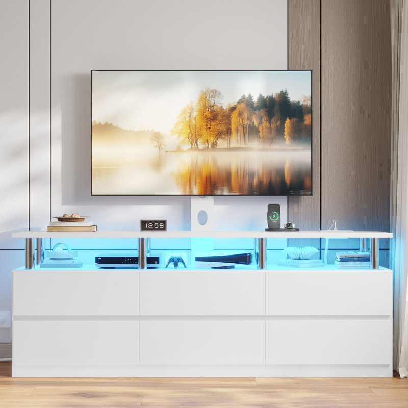 Modern Led Tv Stand With Mount And Power Outlet, With 6 Drawers,Tv Mount For 32/45/55/60/65/70/75 Inch Tvs,Entertainment Center For Living Room,Bedroom