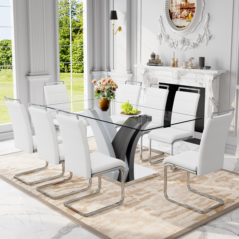 Ensemble de table de salle à manger moderne, table élégante avec chaises confortables, 9 pièces : table, 8 chaises, Blanc