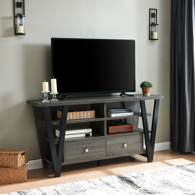 2 Drawers & Shelf Tall Tv Stand, Grey Black, 60 - 69 Inch Organizing Stand In And Tier Shelves, Perplexing