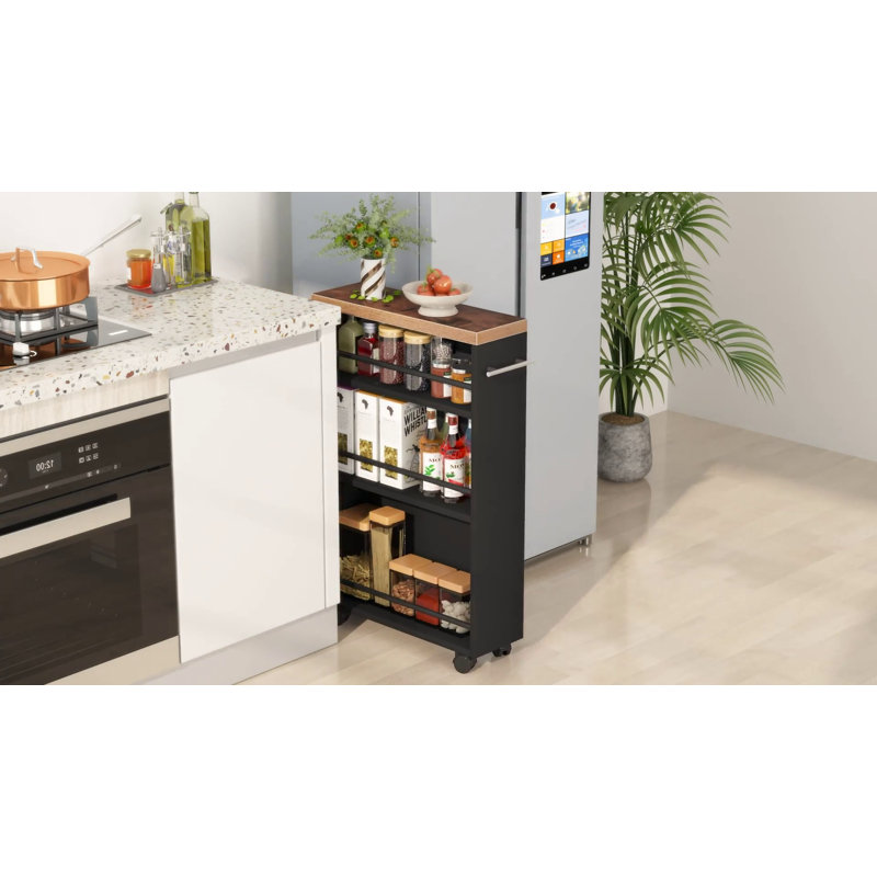 Black Wood Slim Kitchen Cart with Storage and Wheels