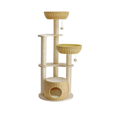 21.65"Solid wood log color cat climbing frame and cat tree integrated rattan vertical style
