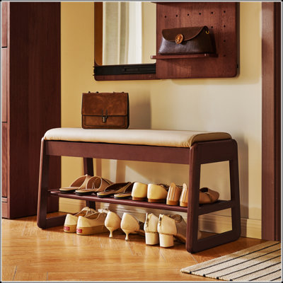 Wood Shoe Storage Bench with Vegan Leather Seat, Hidden Lift Top, and Tiered Open Shelves for Entryway Organization