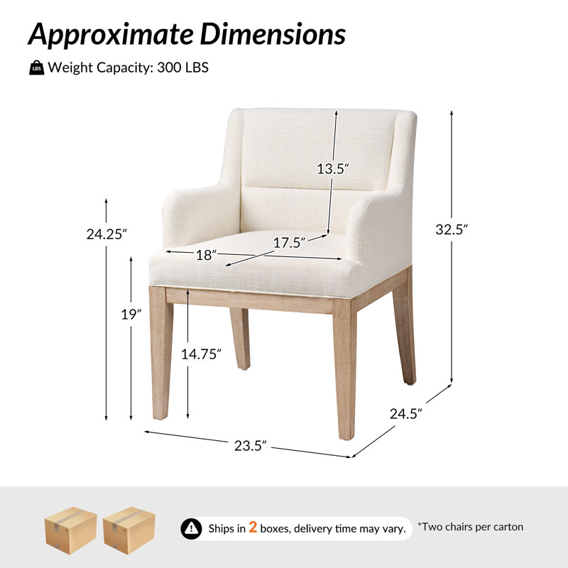 Noble 32.5" Tall Solid Wood Legs Upholstered Dining Chair Set with Gently Curved Arms, Ivory
