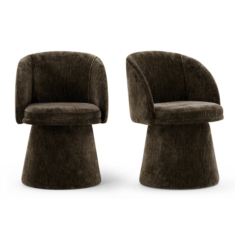 Ensemble de 2 chaises de salle à manger en tonneau pivotant en chenille avec base piédestal rembourrée, Brun