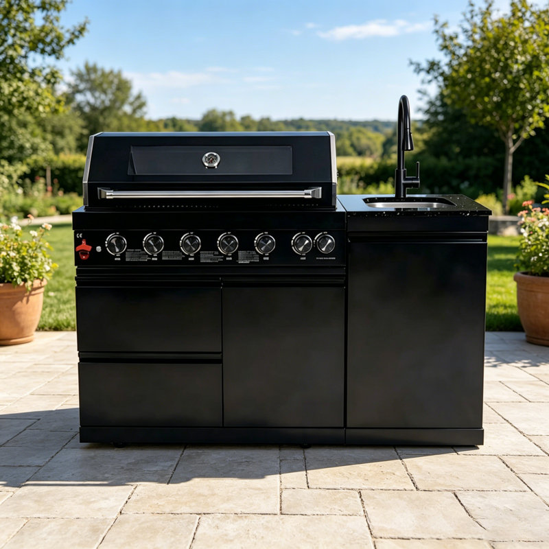 Ensemble de cuisine d'extérieur modulaire de 63 po x P 25 po x H 48 po avec barbecue au gaz à 6 brûleurs, évier et comptoir en granite