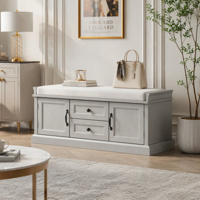 Banc de rangement polyvalent avec tiroirs et coussins amovibles pour espaces de vie organisés