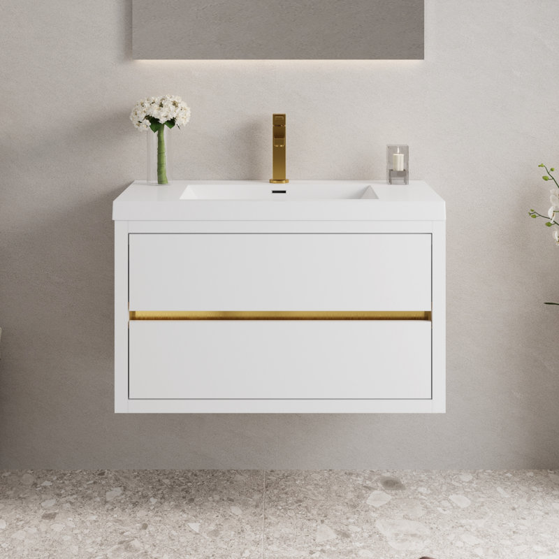36" Wall-Mounted Bathroom Vanities Floating Single Sink Vanity with Stone Resin Top Basin, 2 Soft Close Drawers, White, White