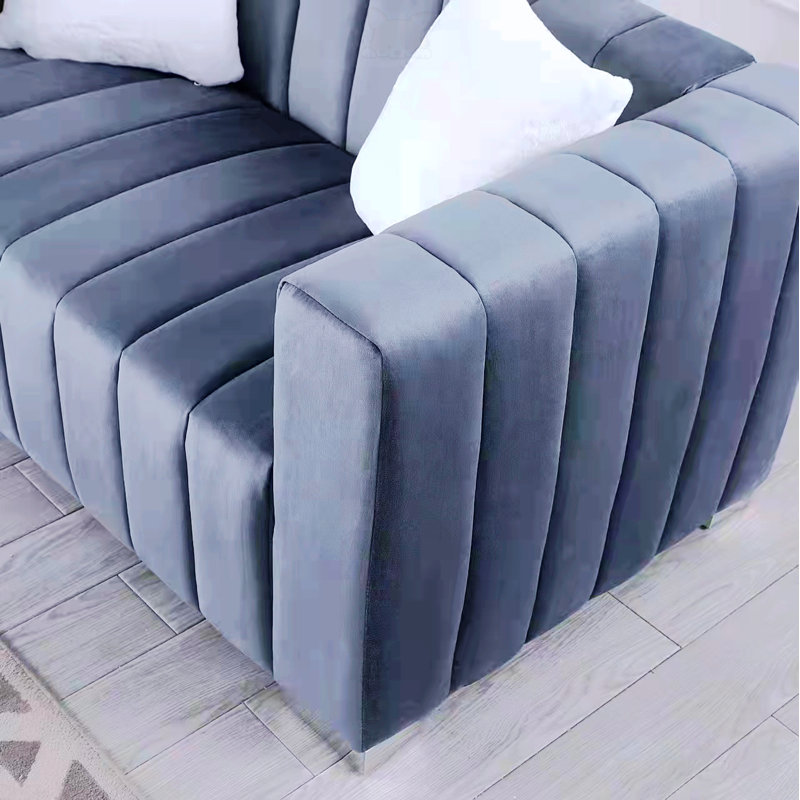 Clifford 62.6" Velvet Square Arm Loveseat, Blue, Silver, 27.56" H x 62.6" W x 33.86" D