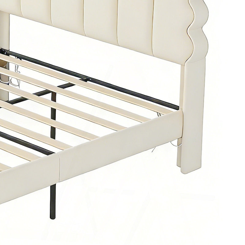 Lit plateforme tapissier avec tête de lit haute, aucun sommier nécessaire, assemblage facile, ivoire