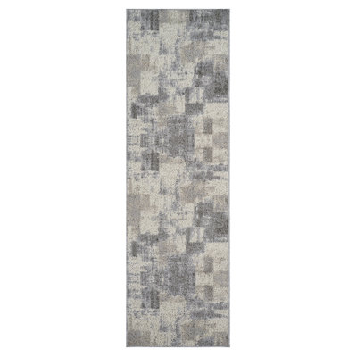 8' Gray And Beige Abstract Distressed Runner Rug