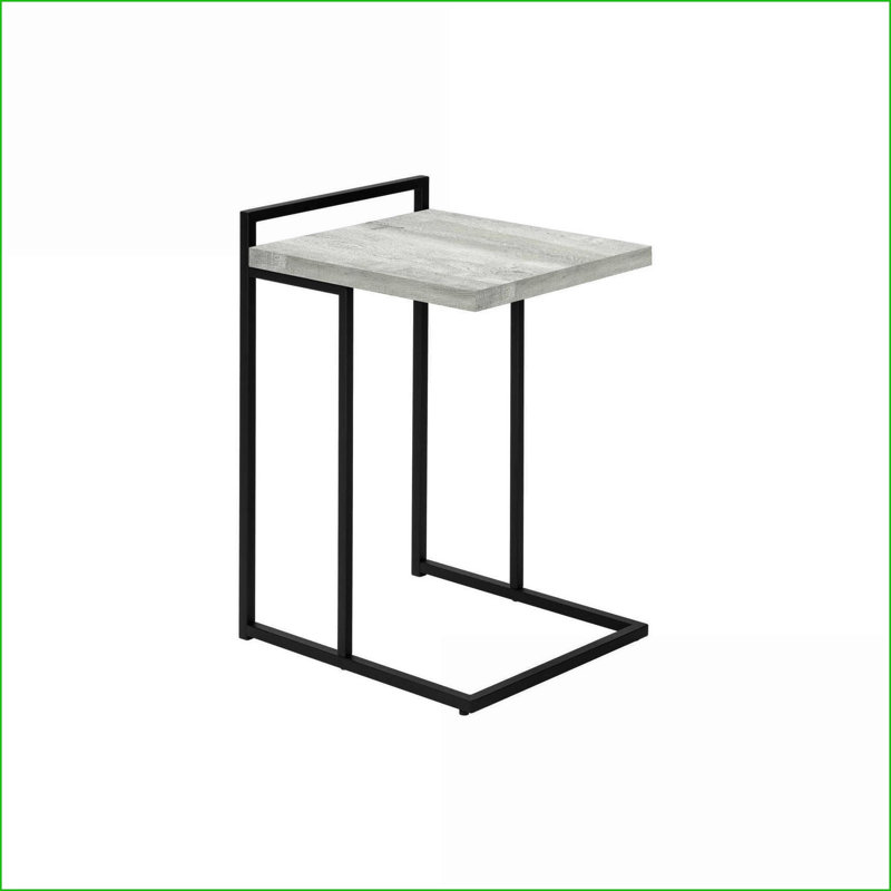 Table basse en forme de C moderne peu encombrante, plateau en bois gris et amp; Base en métal noir pour le salon / la chambre à coucher