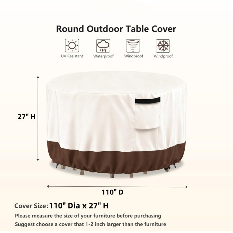 Outdoor Round Table Cover Waterproof Patio Furniture Covers,Patio Round Table Chair Set Covers - 110" Dia x 27" H, Beige and Brown