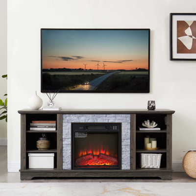 Mantel Electric Fireplace Stone TV Media Stand with Faux Stacked Stone Surround, Modern Entertainment Console with Open Storage Space with 18" Fireplace Insert, 58.31"W*15.39"D*26.06"H