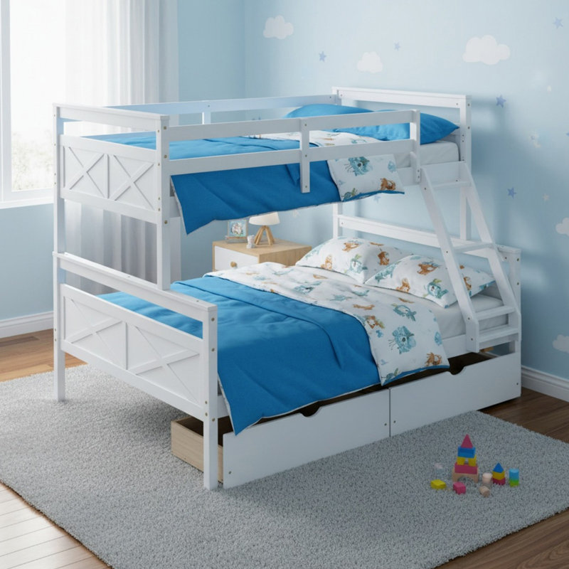 Solid Wood Twin Over Full Bunk Bed with Ladder, Two Storage Drawers, Safety Guardrail for Boys& Girls, White