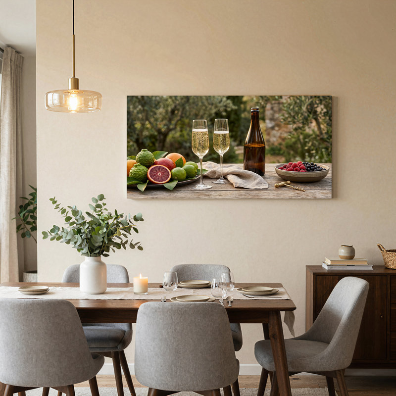Flûtes à champagne et agrumes sur une table en bois, art mural, L 58 po x H 28 po