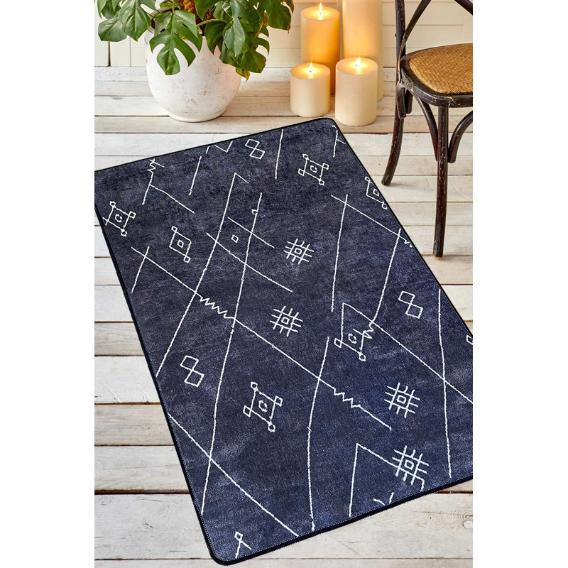 Premium Hall Carpet (4 ft x 5 ft) - 100% Polyester, Antibacterial, Non-Slip Underside | Pile Height: 0.4 in | Machine Washable, Black & Navy Blue with White Accents | Durable & Stylish for Home Entryways