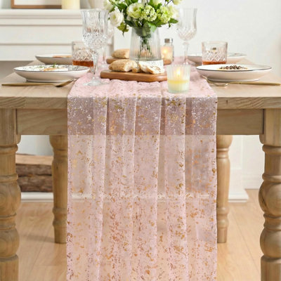10Pcs Pink Gauze Gold Table Runner 10FT, Glitter Metallic Foil Sheer Dining Wedding Anniversary Holiday Table Decor for Home Party