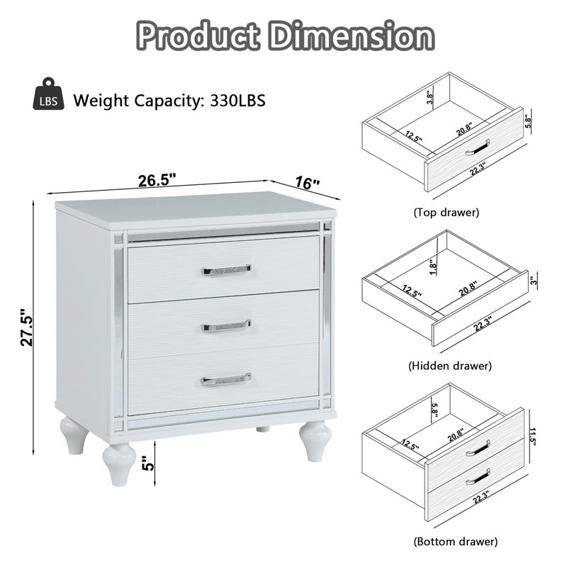 Nightstands with mirror frame accents, Bedside Table with two drawers and one hidden drawer, End Table with Crystal Pull for Living Room,Bedroom, White