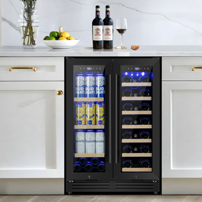 24" Dual Zone 20-Bottle 60-Can Wine & Beverage Refrigerator Built-In/Freestanding Glass Door Classic Cooler with 4 Door Handles,Blue LED and Adjustable Shelves