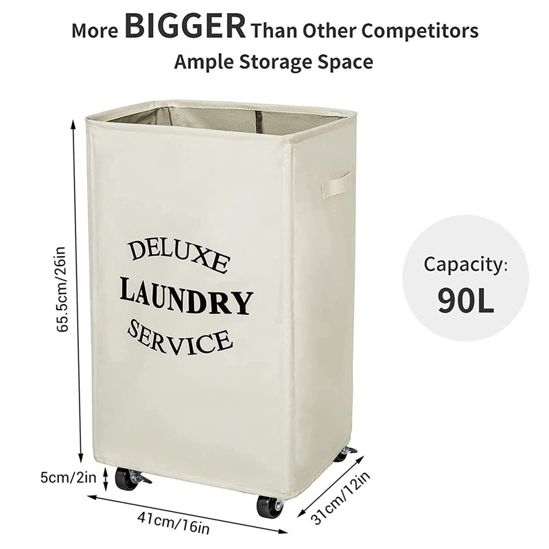 Fabric Rolling Laundry Hamper with Handles, White