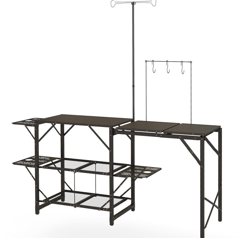 Table de station de cuisine de camping avec conception portative, support de lanterne réglable et outils de suspension Lampe de camping de plage pliable, crochets, rangement pour le plaisir en plein air