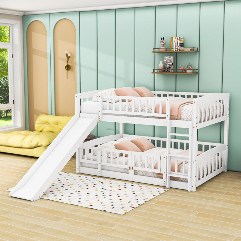 Wood Bunk Bed With Slide And Guardrails, White, Full over Full