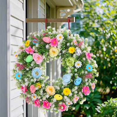 17.7 Inch Easter Wreath With Spring Artificial Flower Colorful Eggs Daisies Lavender Eucalyptus Leaves For Front Door Easter Summer Farmhouse Holiday Wall Home Window Decor
