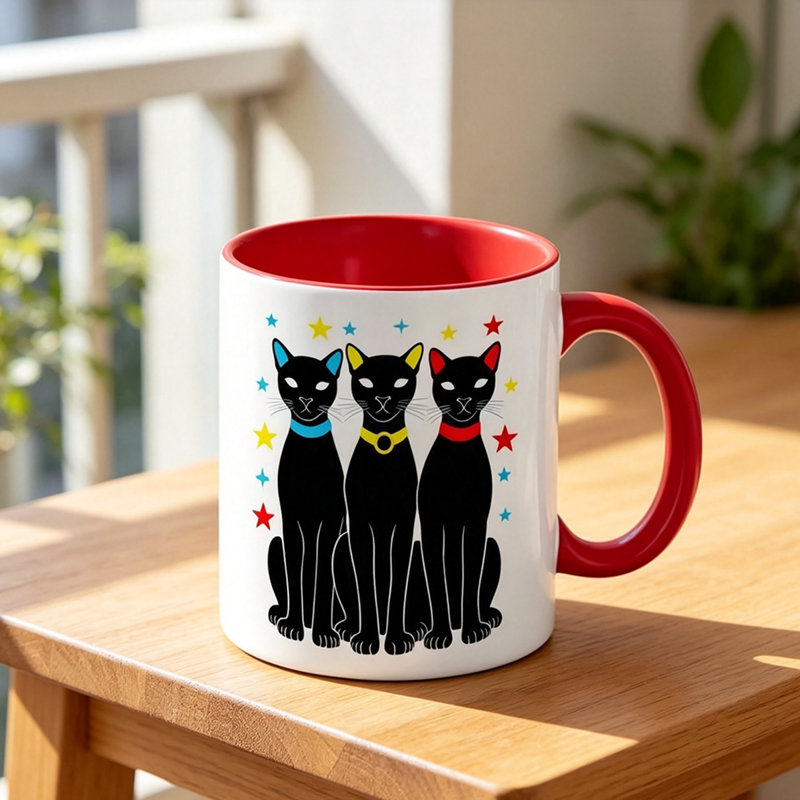 Cute Ceramic Mug with Three Black Cats Wearing Colorful Collars And Stars - Perfect Gift for Cat Lovers on Christmas Birthday.