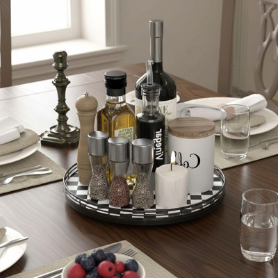 Black And White Checkered Lazy Susan, 13” Round Oak Wood Table Top Tray For Dining Or Kitchen Organization