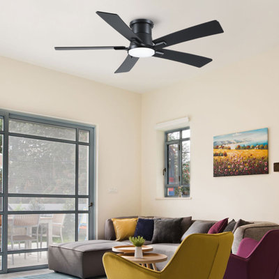 Modern 52" Indoor Matte Black Flush Mount Ceiling Fan with Integrated LED, Remote and  5 Two-Tone Blades