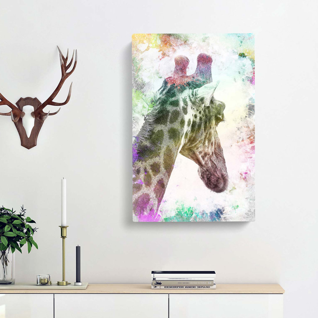 Giraffe Facing The Rainbow In Abstract - Wrapped Canvas