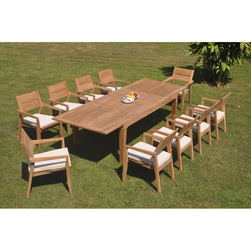 Elisha 12 - Person Teak Wood Patio Dining Set with Rectangular Table, 10