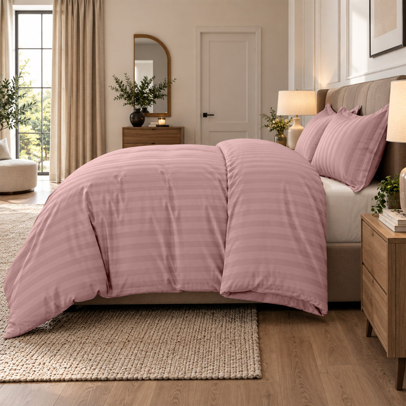 Microfiber Striped Duvet Cover Set with Pillowcases Included, Super King Duvet Cover Set + 2 Pillowcases, Peach