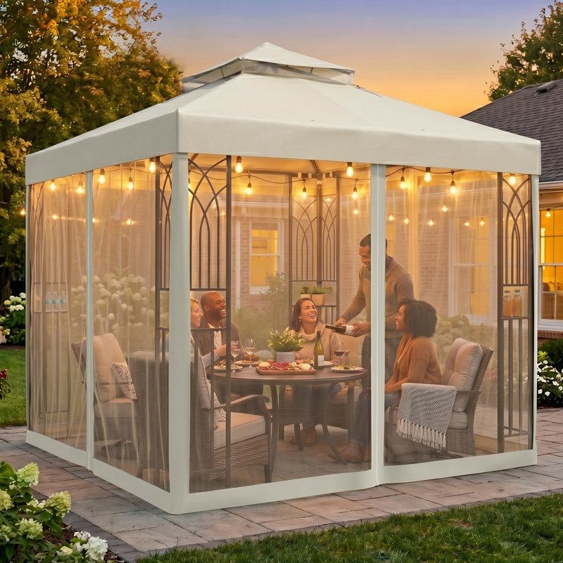 8 Ft. W x 8 Ft. D Steel Frame Vented Soft Top Patio Gazebo with Mesh Netting, Corner Shelves, Beige