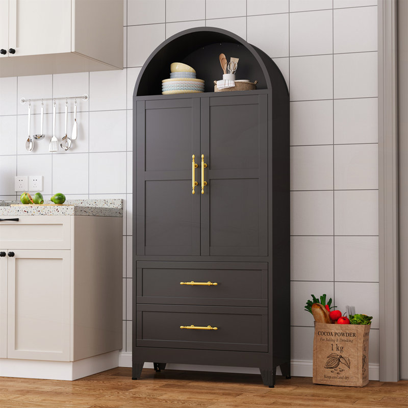 Armoire arquée en métal de 73 po de hauteur, armoires de rangement de style campagne moderne avec 2 portes et 2 tablettes réglables, garde-manger avec 2 tiroirs, armoire avec espace de rangement ouvert, bibliothèque polyvalente