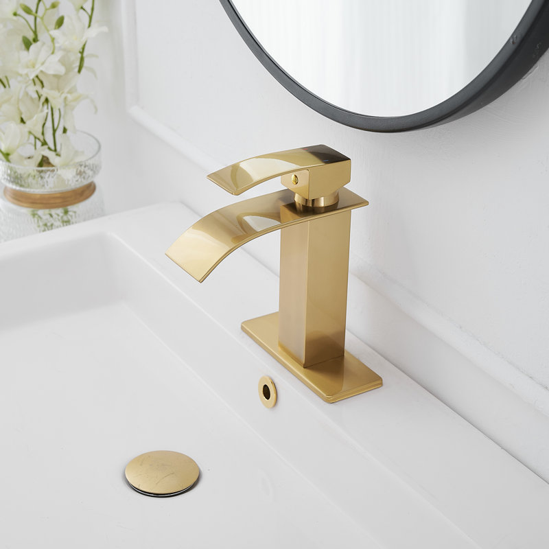 Robinet de salle de bain à un trou à arc bas avec drain Waterfall, Or brossé