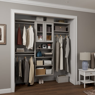 Grey Oak 106.5" Wall-Mounted Single Wall Closet System with 3 Sections, Glass Doors, 3 Clothing Rods & 7 Shelves