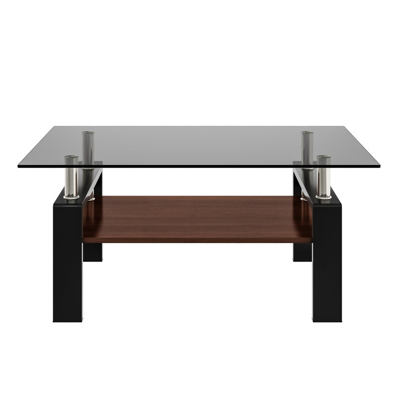 Table basse avec plateau en verre et bois, Noir, Gris, 17.7" H x 39.37" L x 23.62" W